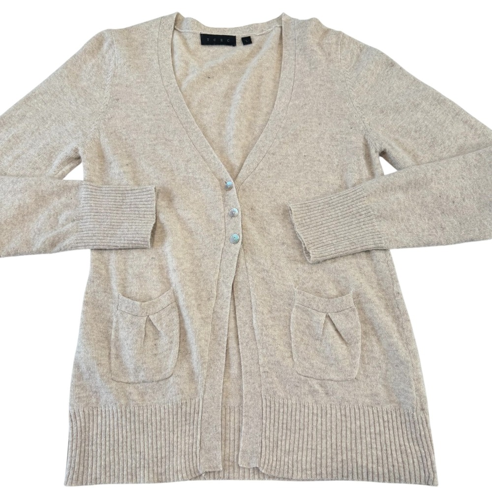 TCEC Womens‎ Y2K Cardigan Sweater Beige V Neck Button Front Pockets Size L